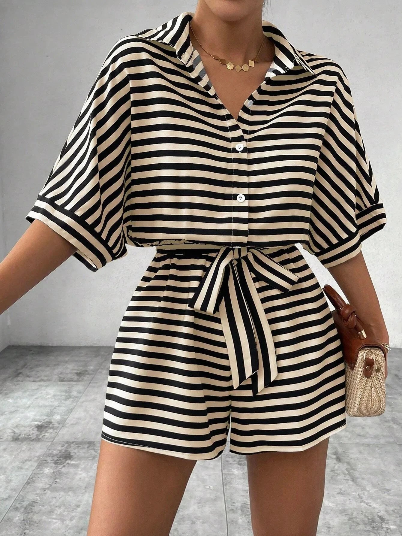 Summer New Set For Women's Casual Loose Comfortable Outfit Fashion Striped Batwing Sleeve Shirt Top+ Shorts 2-piece Sets Woman Good Vibrations