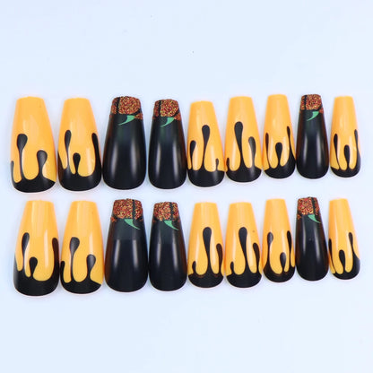 24PCS Halloween Fake Nails Black Water Droplet Shape With Pumpk in Acrylic Nails Press on Nails Gifts For Women And Girls Good Vibrations