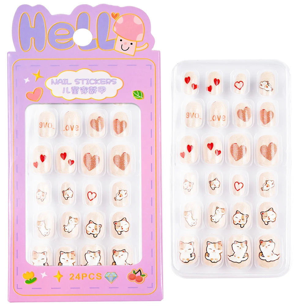 24Pcs/box Kids nails for Girl Cartoon Pattern False Nail Cute Child Fake Nails Tips Kawaii Acrylic Artificial Press on Nail+Tool Good Vibrations