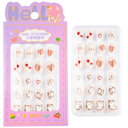 24Pcs/box Kids nails for Girl Cartoon Pattern False Nail Cute Child Fake Nails Tips Kawaii Acrylic Artificial Press on Nail+Tool Good Vibrations
