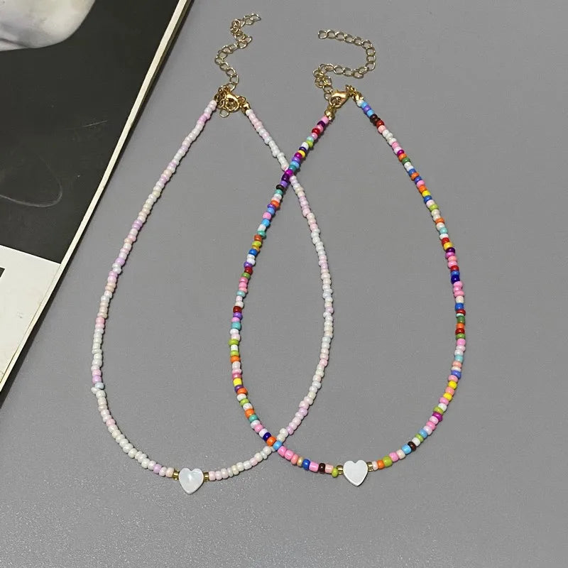 New Nature Shell Love Heart Choker Necklace for Girl Spring Summer Fashion Small Colorful Glass Beads Necklace Gift for Friend Good Vibrations