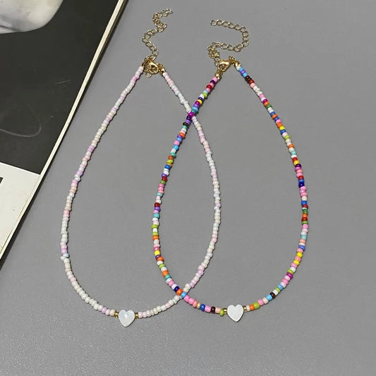 New Nature Shell Love Heart Choker Necklace for Girl Spring Summer Fashion Small Colorful Glass Beads Necklace Gift for Friend Good Vibrations