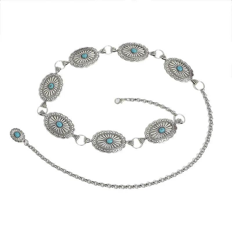 Retro New Women's Belt Casual Retro Oval Texture Buckle Decoration Metal Chain Waist Chain Good Vibrations