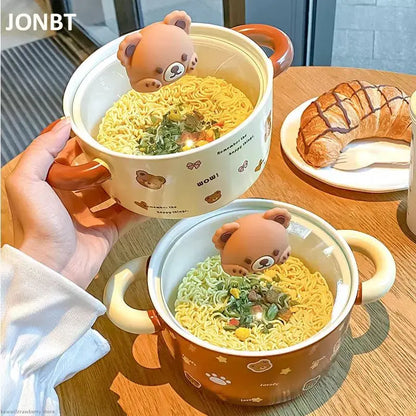 Kawaii Bear Jumbo Ramen Bowl With Lid Kitchen Tableware Cute Japanese Ceramics Instant Noodles Fruit Salad Soup Bowl Gift 750ml Good Vibrations