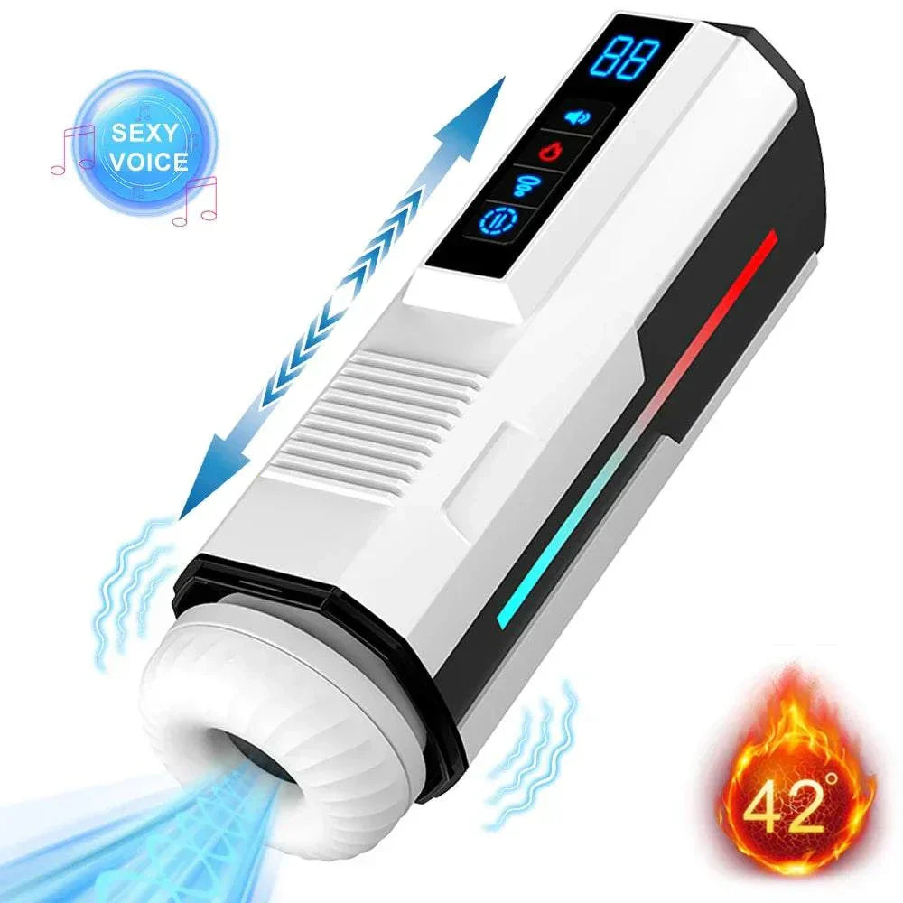 Automatic telescopic male masturbator cup with vibration and suction features.
