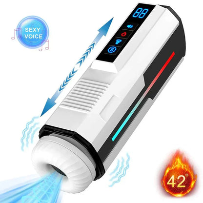 Automatic telescopic male masturbator cup with vibration and suction features.