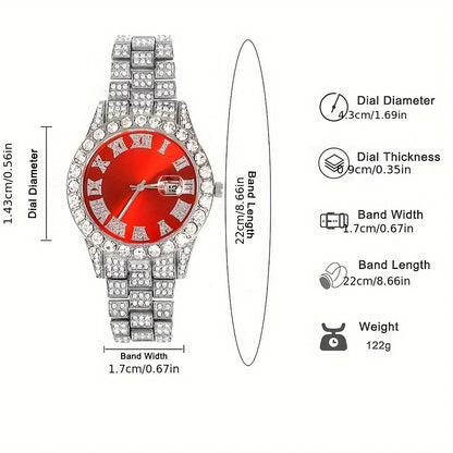 4pcs/set Mens Bling Wrist Watch & Hip Hop Cuban Chain Necklace Set - Rhinestone Accented, Round Dial, Electronic Quartz Movement Good Vibrations