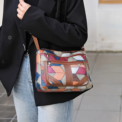 Chic Crossbody Bags for Women Stylish Stitching, Geometric Pattern, Multi Compartment Design with Zipper Closure, Travel Purse Good Vibrations