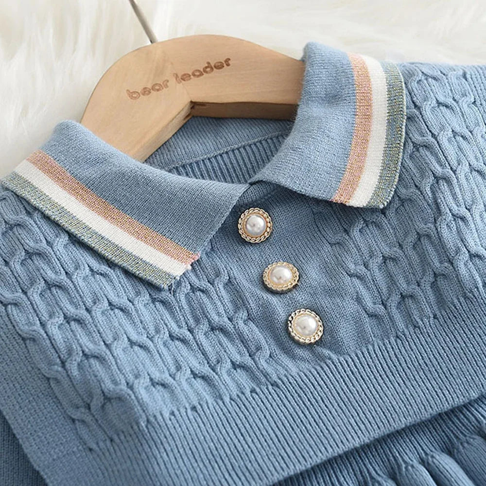 Bear Leader Kids Dresses for Girls Pearl Button Tricolor Striped Lapel Knit Skirt Winter College Style Children's Clothing Good Vibrations