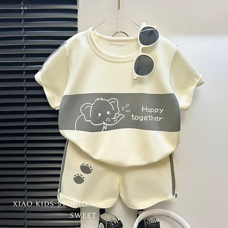 2024 New Kids Short Sleeve Suit Striped Girls Boys Set Summer Tops +short Baby Clothes Children's Wear Good Vibrations