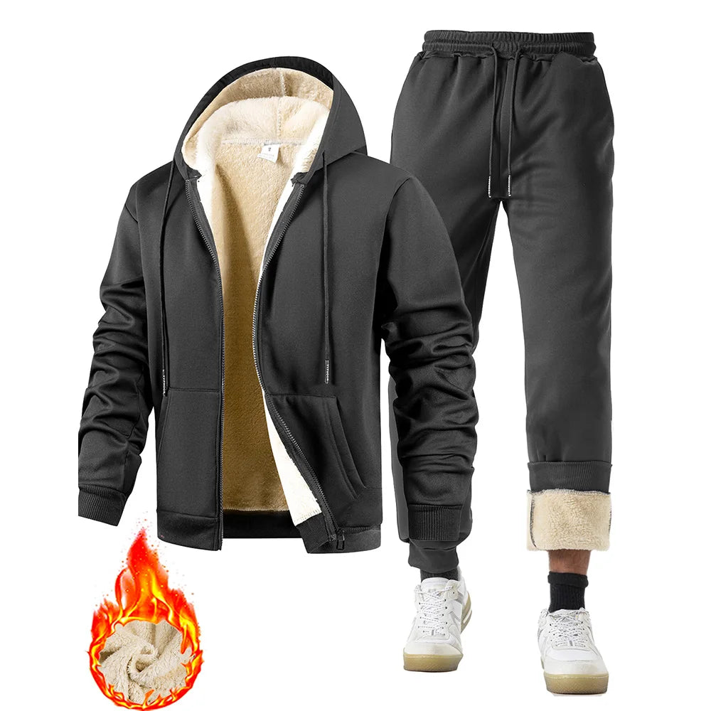 Men's Suit Two-Piece Tracksuit Plush Thickened Warm Sports Jacket+Trousers Sports Suit Winter Outdoor Casual Hoodie Sportswear Good Vibrations