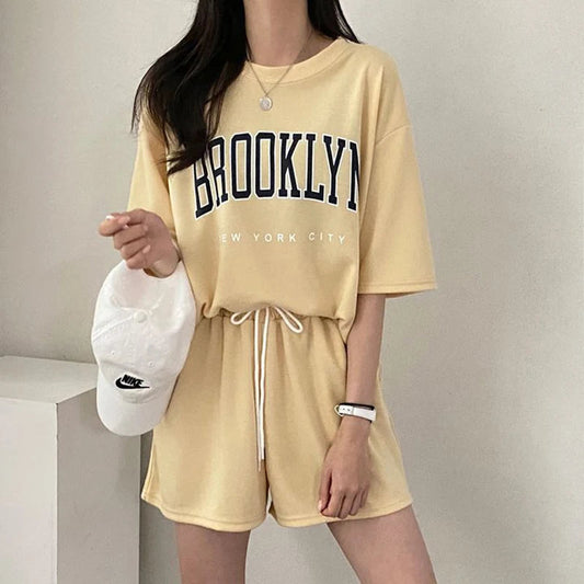 Two Piece Shorts Sets T Shirt Top Shorts Casual Suits 2025 Summer Female Short Sleeve Sporty Outfit Cotton Suit Women Clothing Good Vibrations