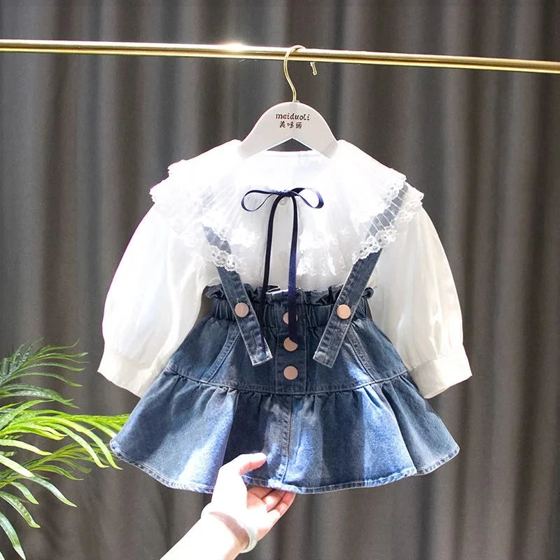 Girls Baby Clothing Set Spring and Autumn New Fashion Korean Edition Children's Denim Skirt Shirt Two Piece Set Good Vibrations
