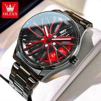 OLEVS Watch for Men 360° Rotary Dial Sport Car Rim Wheel Hub Waterproof Luminous Fashion Stainless Steel Men's Quartz Wristwatch Good Vibrations