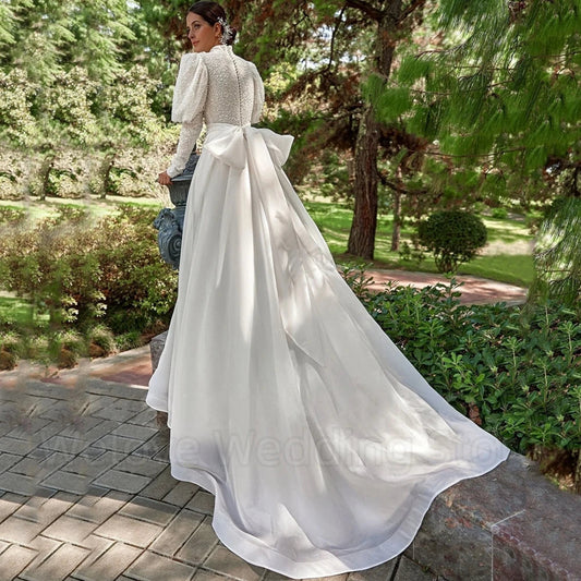 Exquisite High Neck Sequin Wedding Dress Puff Long Sleeves A-Line Floor Length with Belt Customized Sweep Train Bride Gowns Robe Good Vibrations