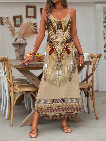 Women's Fashion Western Ethnic Print Casual Suspender Dress Good Vibrations
