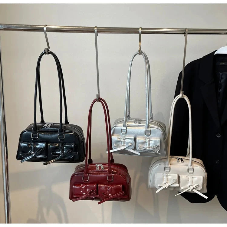 Bow Pocket Design Women's Shoulder Bag Vintage Pu Leather Ladies Small Underarm Bags Fashion Female Luxury Handbags Tote Purse Good Vibrations