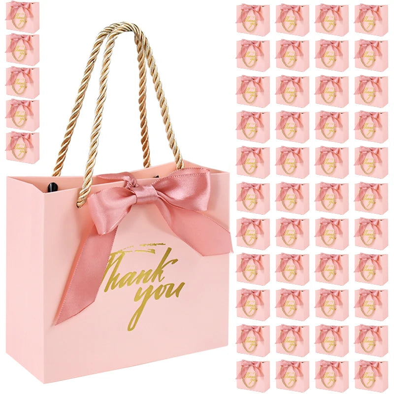 20/30/50pcs Thank You Gift Bags Reusable Paper Party Bags with Handles Gold Bow Ribbon Mini Pink Party Favor Bags for Birthday Good Vibrations