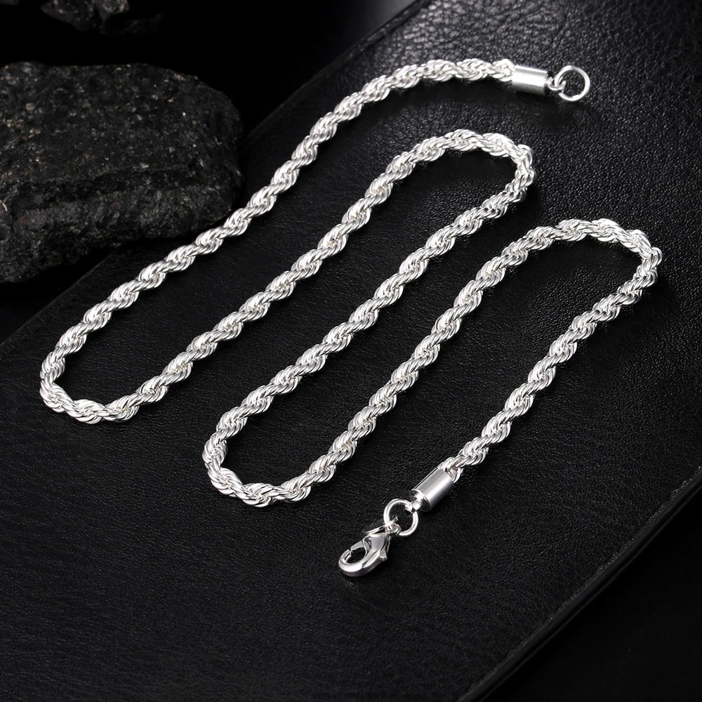 high quality silver color 4MM women men chain male twisted rope necklace bracelets fashion Silver jewelry Set Good Vibrations