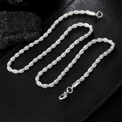 high quality silver color 4MM women men chain male twisted rope necklace bracelets fashion Silver jewelry Set Good Vibrations