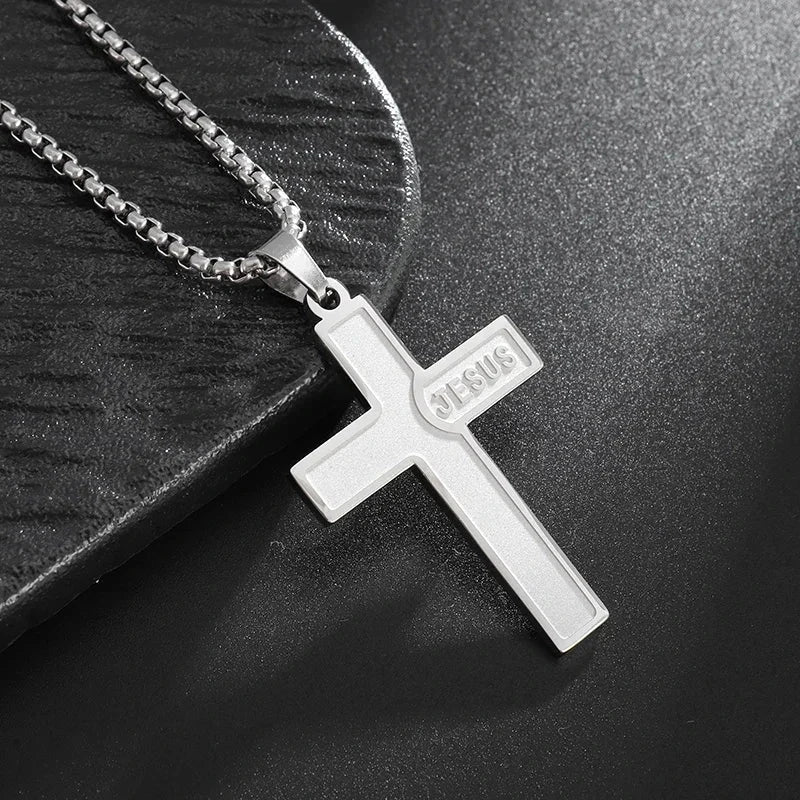 Philippians 4:13 Men's Simple Cross Pendant Necklace Stainless Steel Religious Amulet Jewelry Unisex Bijoux Good Vibrations