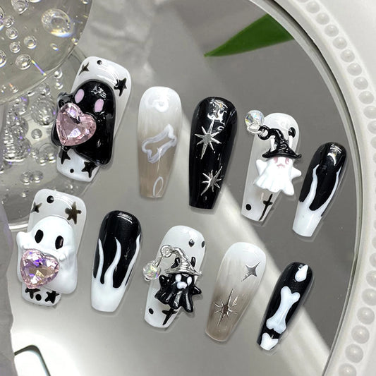 Handmade Press on Nails Cute White Ghost 3D Crystal Decor False Nails Full Cover Wearable Sweet Cool Girls Halloween Fake Nails Good Vibrations