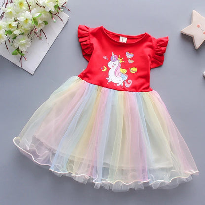 Girls Dress 2025 New Summer Princess Dresses Flying Sleeve Kids Clothes Unicorn Party Baby Dresses For Children Clothing 3-8Y Good Vibrations