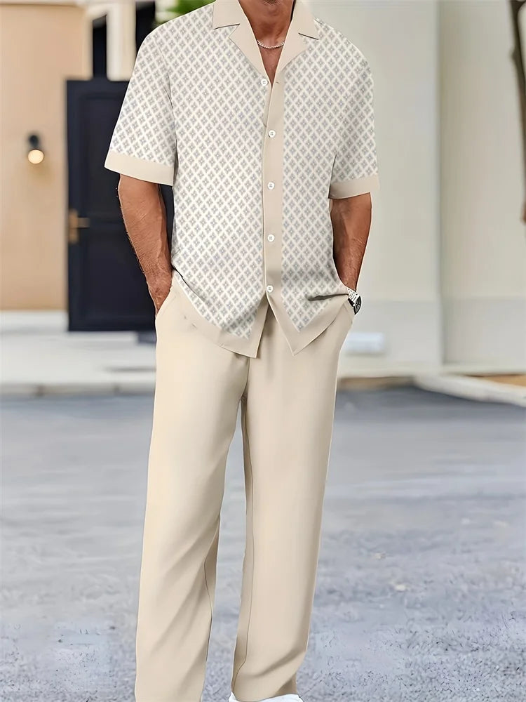 2025 Autumn Geometric Color Block Printed Short-sleeved Set, 2pcs Daily Casual And Loose Men's Shirt Set, Casual And Fashionable Good Vibrations