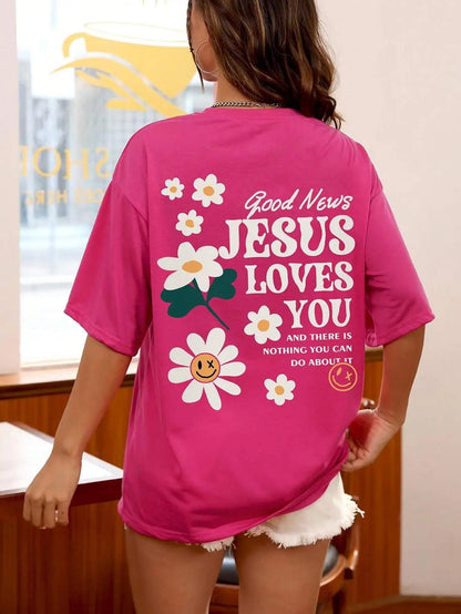 Good News Jesus Loves You Print Women T-Shirt Summer O-Neck T Shirts Basic All-Match Short Sleeve Breathable Comfortable Tops Good Vibrations