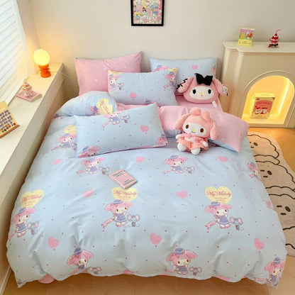 Sanrio 100% Cotton Bedding Set Cute Hello Kitty Kuromi Melody King Queen Pillowcase Bed Linens Girl Dorm Bedclothes Home Textile Good Vibrations
