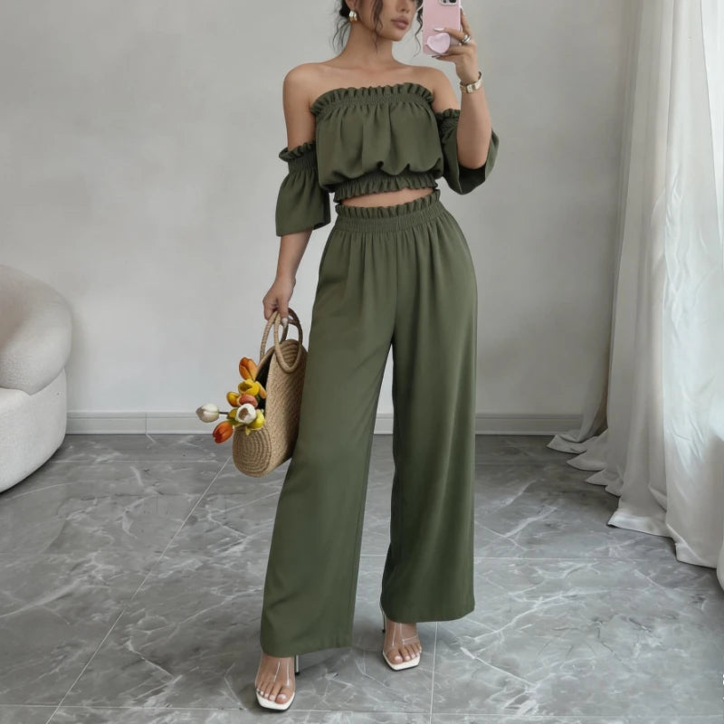 Women's 2 Piece Outfit Off Shoulder Ruffle Crop Top and Wide Leg Pants Set Casual Summer Vacation Party Loungewear Tracksuit Good Vibrations