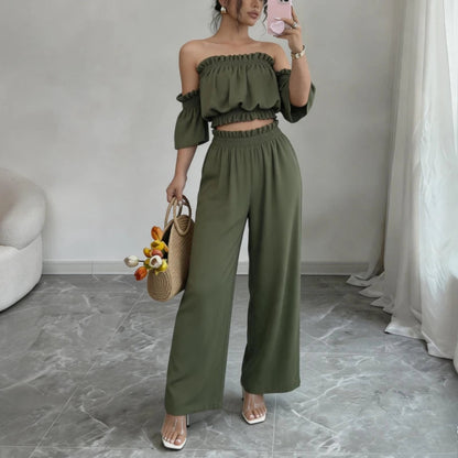 Women's 2 Piece Outfit Off Shoulder Ruffle Crop Top and Wide Leg Pants Set Casual Summer Vacation Party Loungewear Tracksuit Good Vibrations