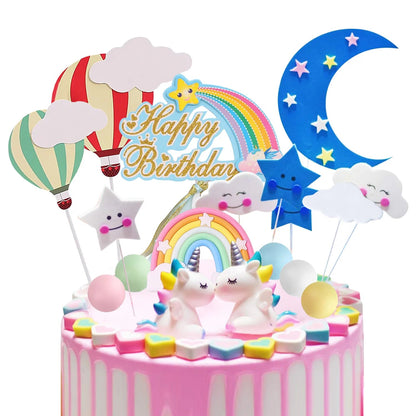 Birthday Unicorn Cake Topper,Rainbow Balloon Cake Decorations Cupcake Toppers for Girls Unicorn Birthday themed Party Supplies Good Vibrations