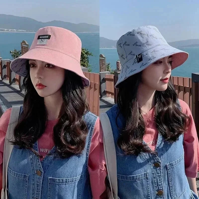 Double-sided Wear Women Bucket Hat Korean Fashion Letter Print Fisherman Hats For Girl Summer Outdoor Beach Basin Cap Good Vibrations