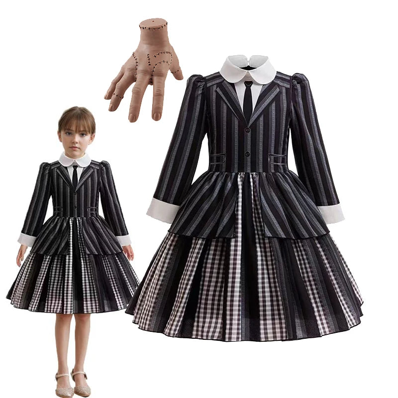 Halloween Gothic Style Costume Dress for Girls Wensday 2 Cosplay Striped School Uniform Party Ball Gown Kids Vestidos Good Vibrations