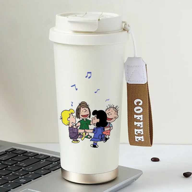 Cartoon Cute Snoopy Anime Peripheral Thermos Cup Women's Heart Stainless Steel Large Capacity Coffee Cup Straw Water Cup Gift Good Vibrations
