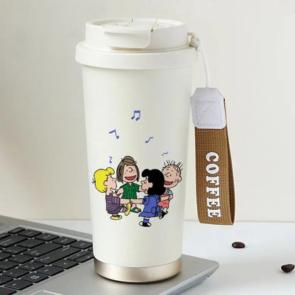 Cartoon Cute Snoopy Anime Peripheral Thermos Cup Women's Heart Stainless Steel Large Capacity Coffee Cup Straw Water Cup Gift Good Vibrations