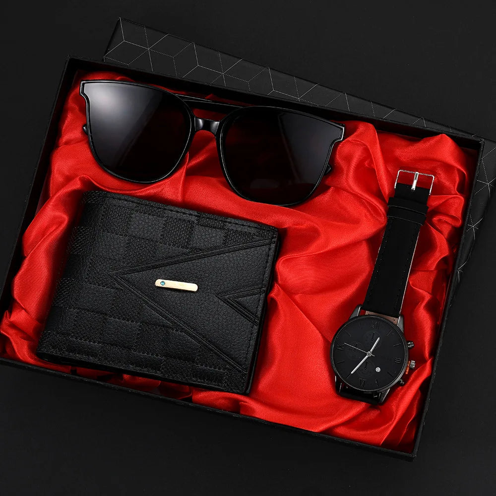 Relógio de movimento de quartzo versátil masculino, óculos de sol bonito, carteira casual, presente perfeito para festa 3 peças Good Vibrations