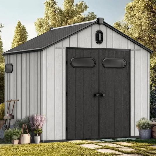 8x8ft Outdoor Resin Storage Shed with Floor, 427 cuft Waterproof Garden Shed with Lockable Door, Windows & Vents Good Vibrations