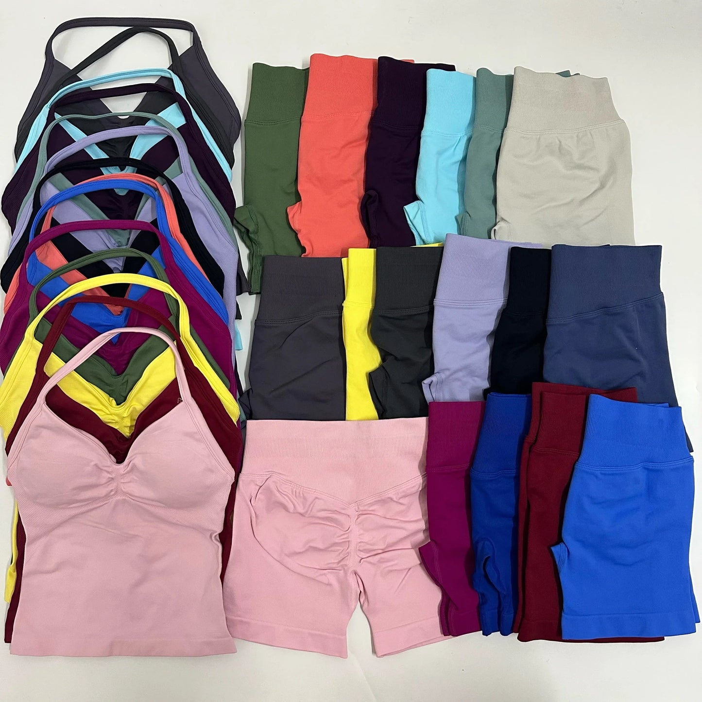 2 Pieces Women Yoga Set Seamless Impact Longline Strappy Tank Top Scrunch Sports Shorts Gym Clothes Woman Summer Workout Outfit Good Vibrations