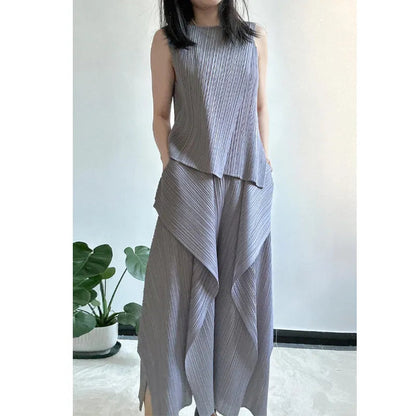 Women's Two-Piece Set: Pleated Blazer with Sleeveless Patchwork T-Shirt and Elasticated Waist Wide-Leg Stretch Trousers Good Vibrations