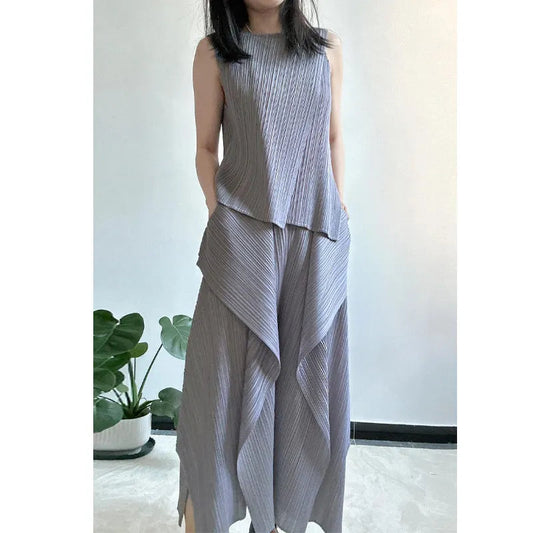 Women's Two-Piece Set: Pleated Blazer with Sleeveless Patchwork T-Shirt and Elasticated Waist Wide-Leg Stretch Trousers Good Vibrations