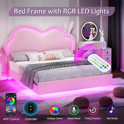 Jocisland Twin LED Bed Frame for Girls Upholstered Floating Bed with Cute Cloud Headboard, No Box Spring Needed, Leather, Pink Good Vibrations