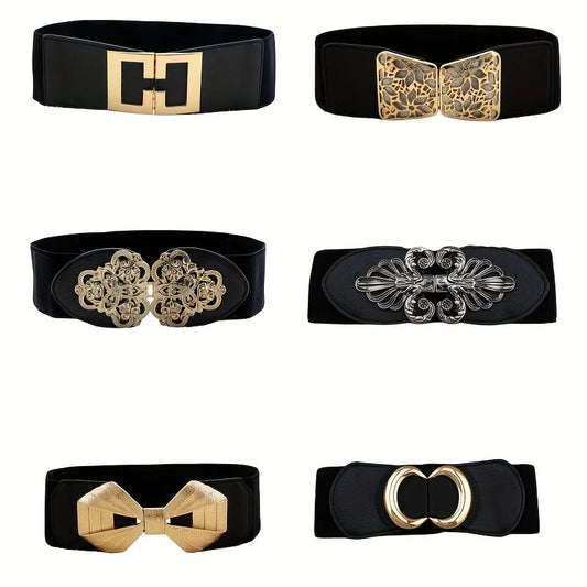 Vintage Buckle Wide Elastic Belt Black Waistband Solid Color Decorative Belts Dress Girdle For Women Good Vibrations