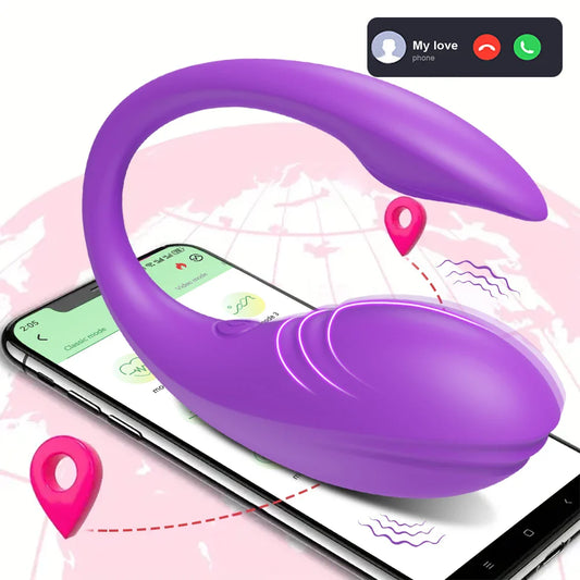 Women’s APP-controlled purple vibrating egg for G-spot stimulation with wireless Bluetooth functionality, designed for discreet wear and remote operation.