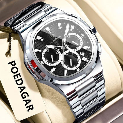 POEDAGAR Business Man Wristwatch Date Chronograph Waterproof Luminous Luxury Men Watch Stainless Steel Quartz Men's Watches Male Good Vibrations