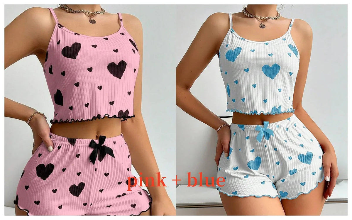 Women's Pajamas Set Sleepwear 2 PCS Short Tank Tops And Shorts S M L White Ventilate Soft Casual Love Printing Good Vibrations