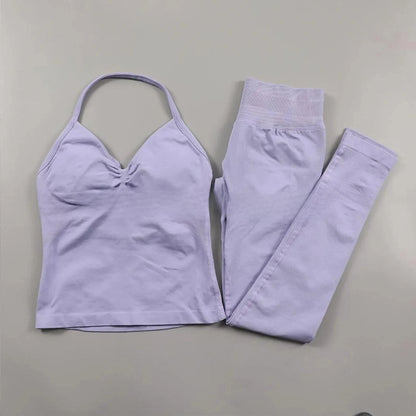 Fitness Girl Yoga Ladies 2-piece Set Long Neck Halter Tank Top Hip Lift Fitness Pants Comfortable Breathable Set Sportswear Good Vibrations