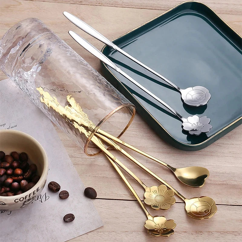 4Pcs Flower Spoon Set Small Teaspoon Coffee Spoon Cute Ice Cream Dessert Spoon Silver Gold Stainless Steel Tableware Accessories Good Vibrations
