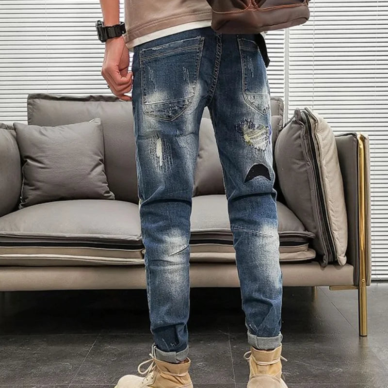 Graphic Men's Jeans Tapered Man Cowboy Pants Ripped with Print Torn Slim Fit Trousers Korean Fashion Retro Broken Harajuku Xs XL Good Vibrations